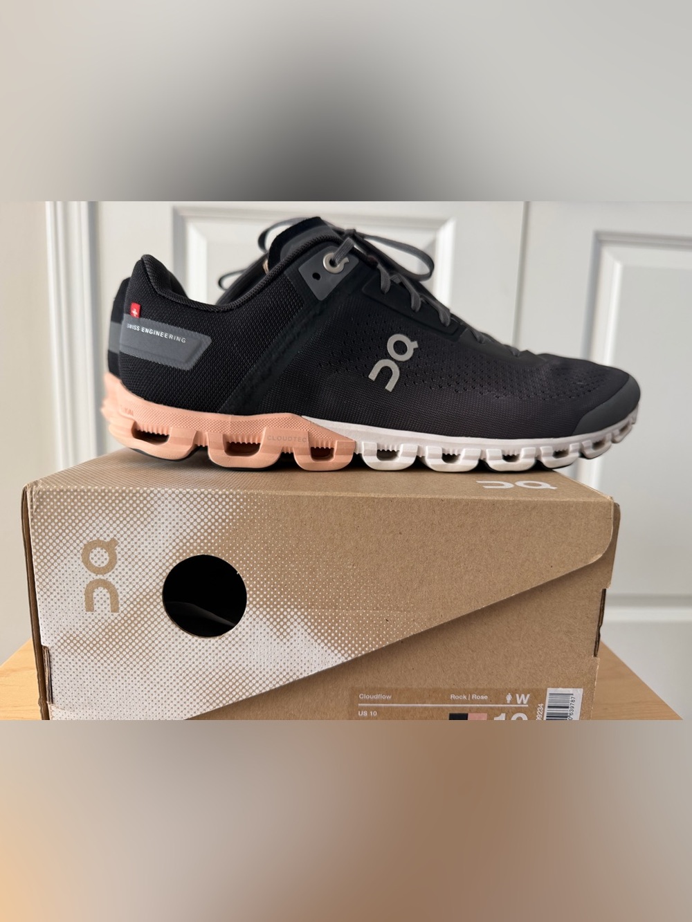 On Running Cloudflow W 10 Black Running Shoe with Rose Accent